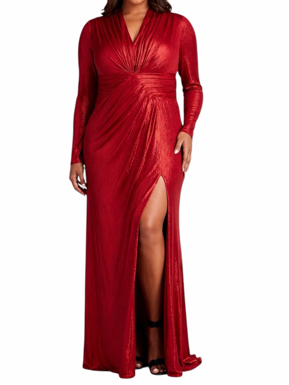 Tadashi Shoji Metallic Long Sleeve Evening Gown Deep Red Size XXL